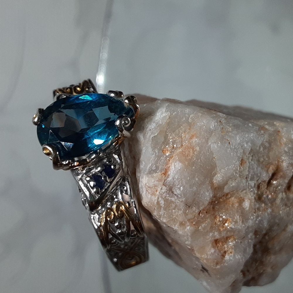 925 London Blue Topaz and Blue Sapphire, Ornate  Twotone  European Band Ring.